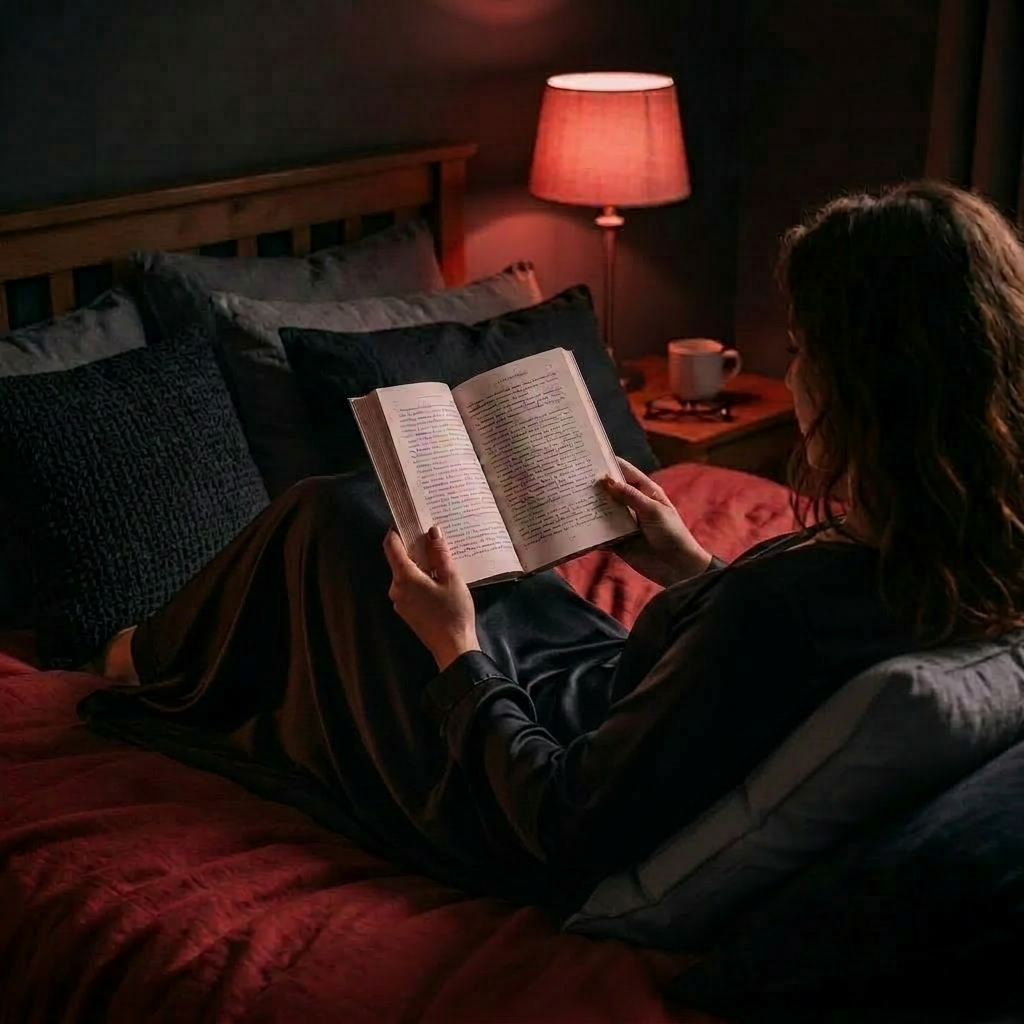 Person lying in bed reading a book with bedside lamp glowing