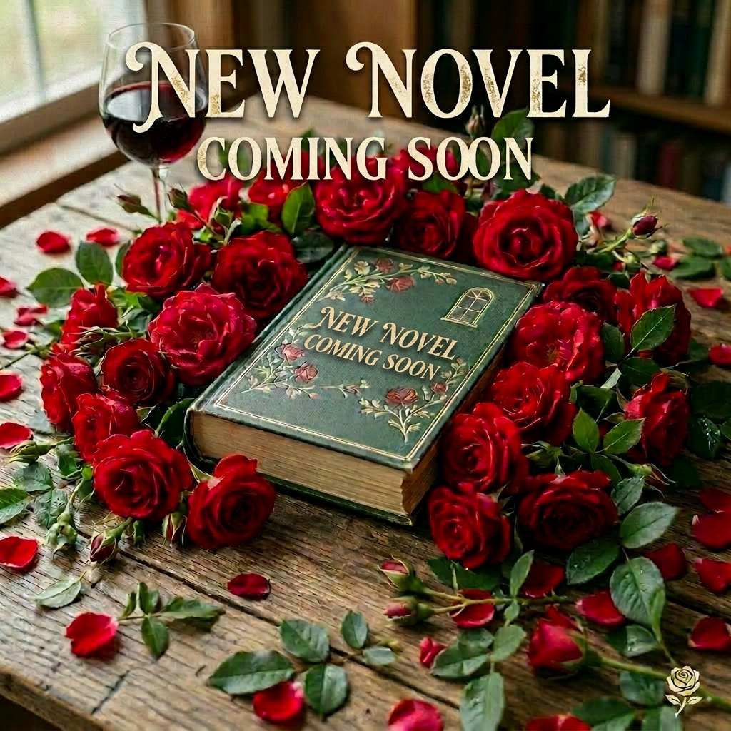 Closed vintage book with floral design surrounded by red roses on wooden table