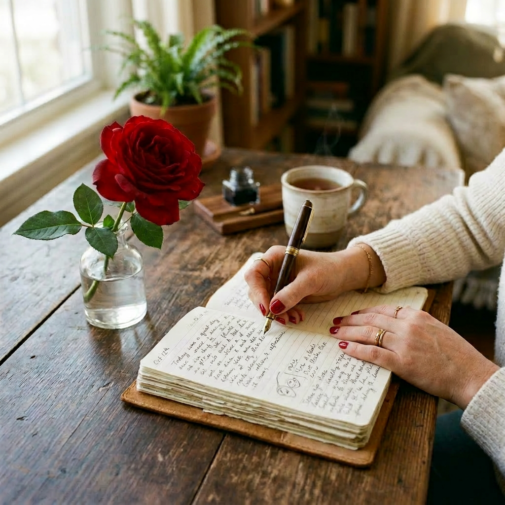 Person writing in a journal with a pen next to a pink rose in a glass vase and a cup of tea